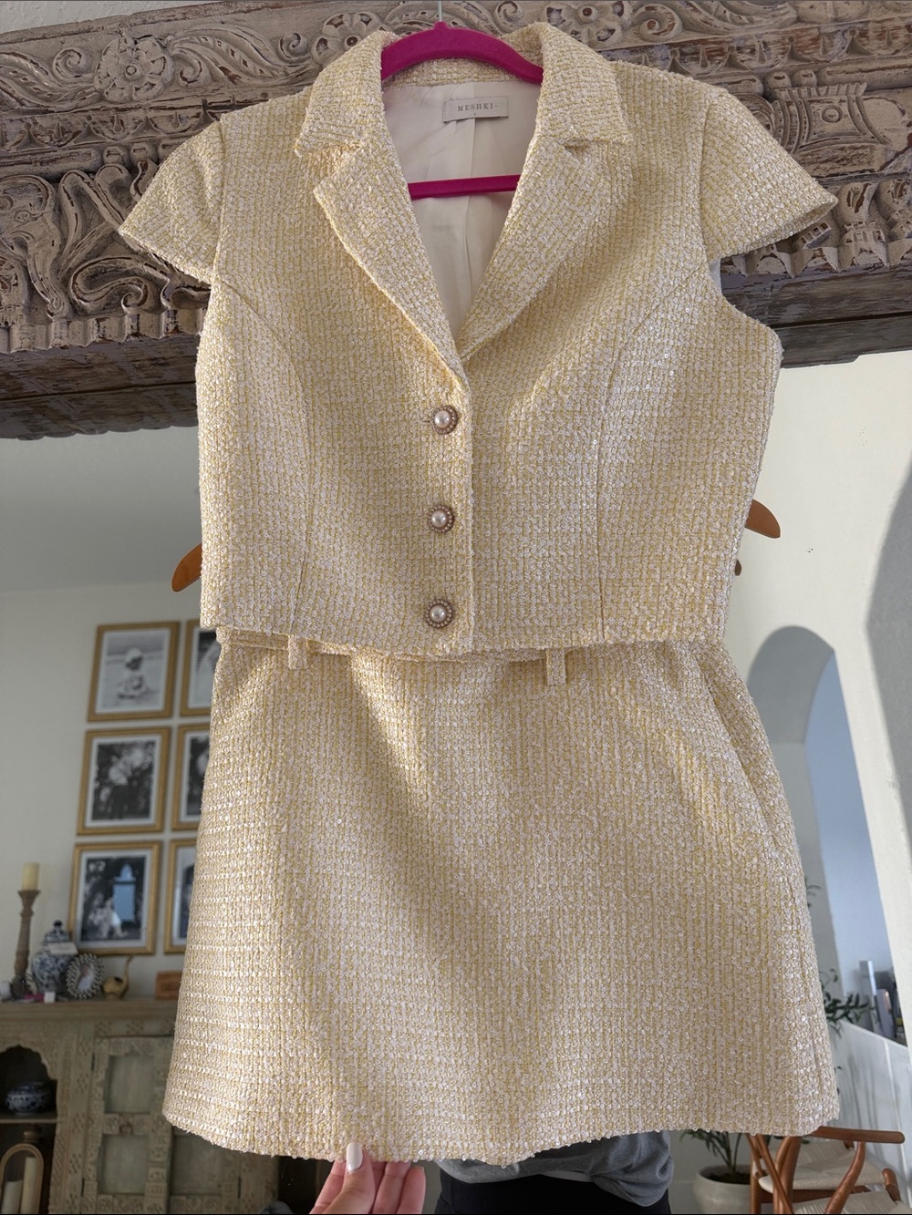Meshki Pale Yellow Tweed Two-Piece Skirt Set